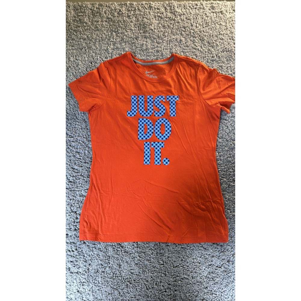 Nike Women's XL Orange Just Do It Plaid Logo Short Sleeve Graphic Tee